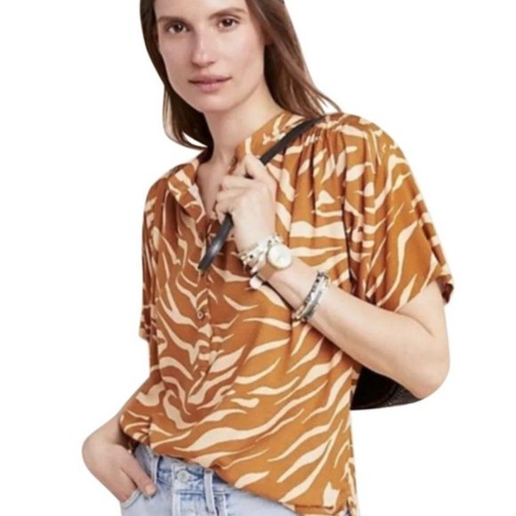 Anthropologie Maeve Windham Animal Print Tunic Top, Cedar, Size Small - Picture 1 of 7
